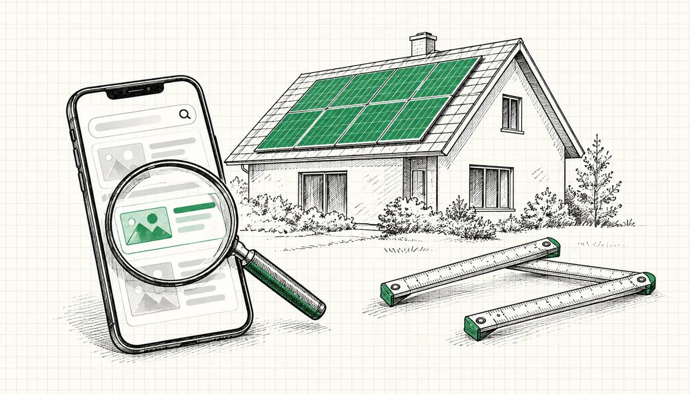 Tuschezeichnung: Hausdach mit Solarmodulen, davor ein Smartphone mit Suchergebnissen unter der Lupe und ein aufgeklappter Zollstock