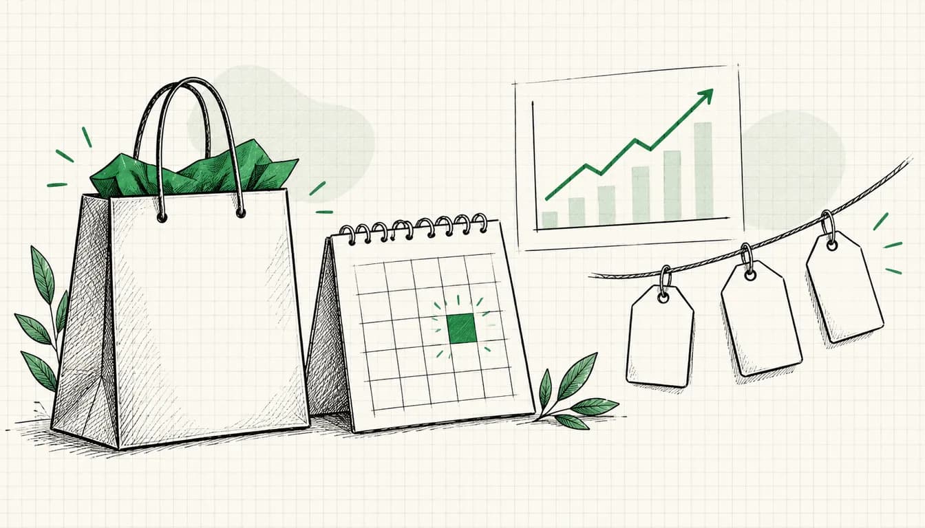 Ink sketch: a shopping bag, a calendar page with a marked Friday and a rising curve on graph paper