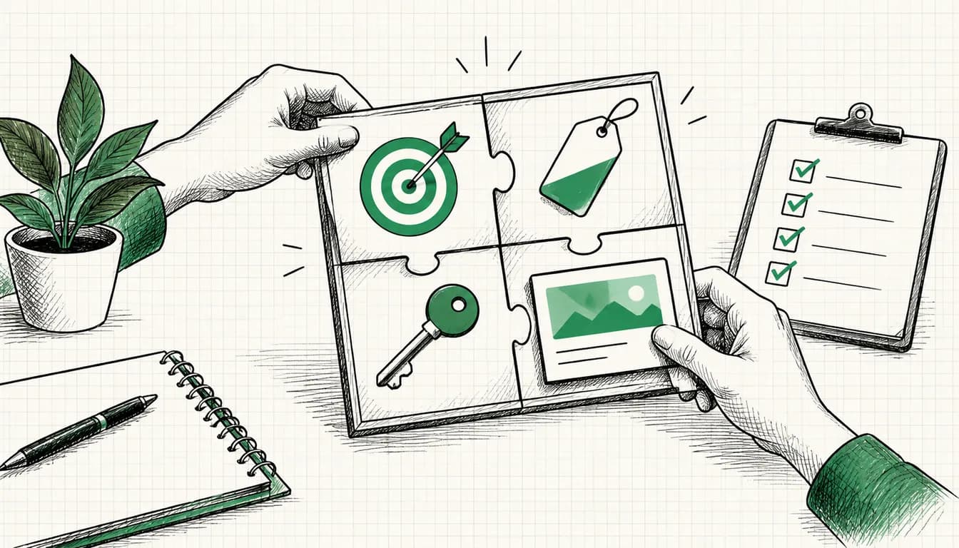 Tuschezeichnung: Zielscheibe, Tag, Schlüssel und Anzeigenkarte rasten wie Puzzleteile in einen Rahmen, daneben eine abgehakte Checkliste