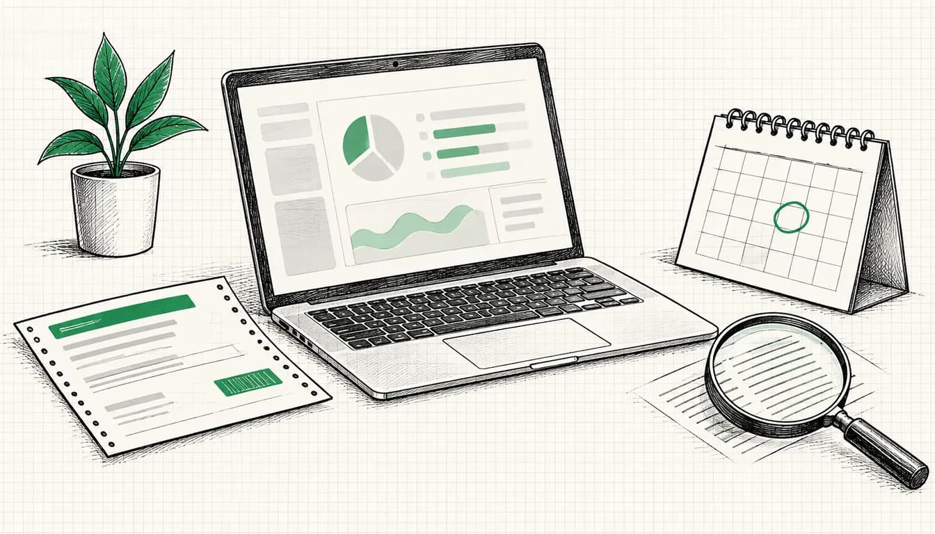 Tuschezeichnung: Gutschein mit Perforation neben einem Laptop mit Abrechnungsübersicht, dazu ein Tischkalender mit eingekreistem Datum und eine Lupe über dem Kleingedruckten