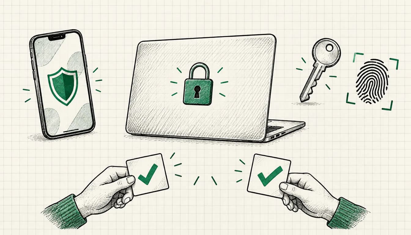Ink sketch: a key, a fingerprint and a smartphone with a shield symbol on graph paper