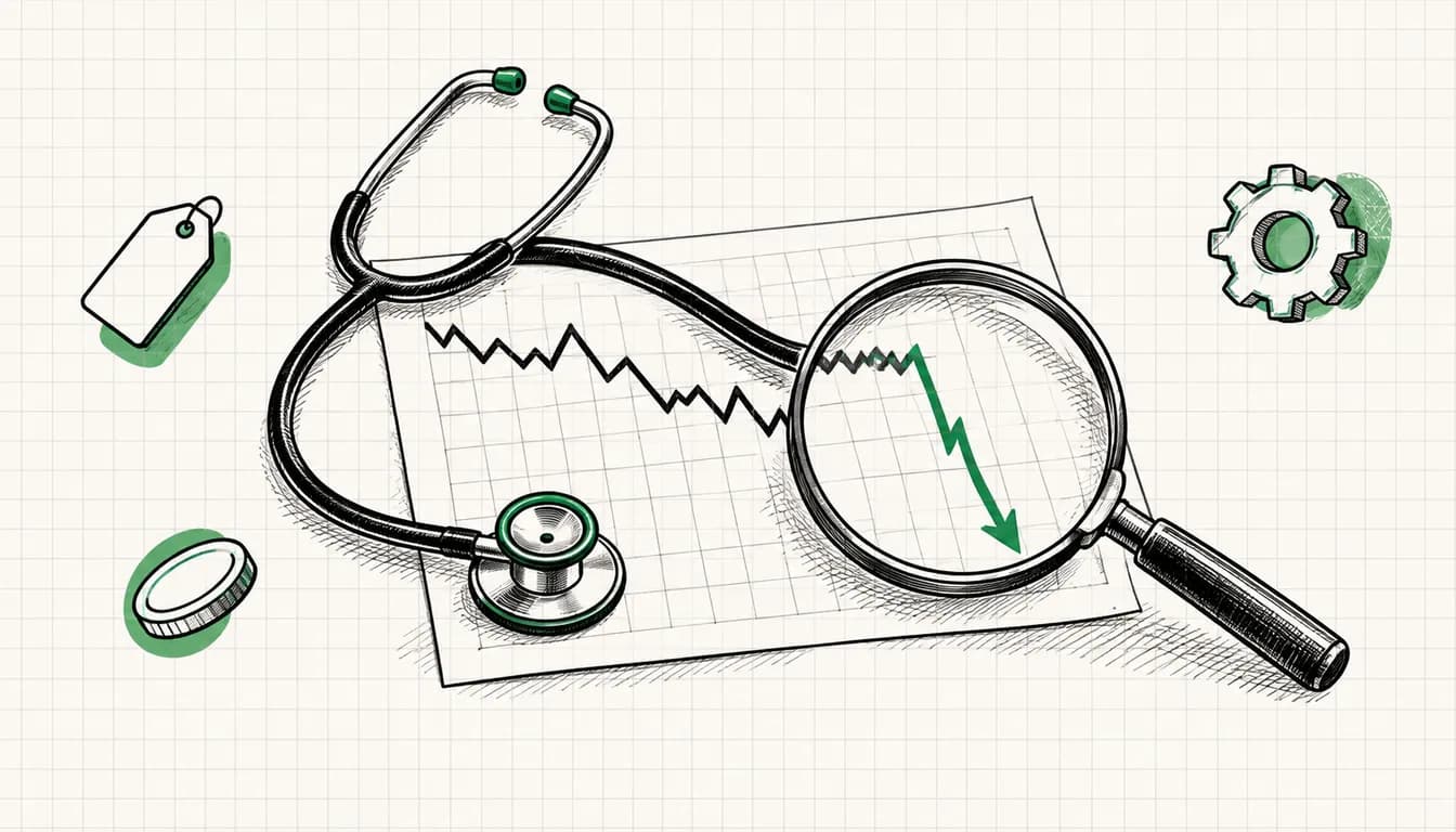 Ink sketch: a line chart with a sudden drop, a stethoscope and a magnifying glass searching for the cause