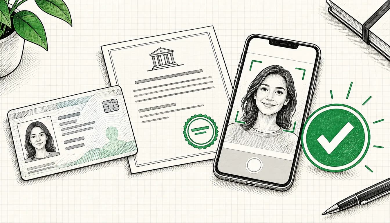 Tuschezeichnung: Personalausweis, gestempelter Registerauszug und Smartphone mit Selfie-Kamera auf einem Schreibtisch