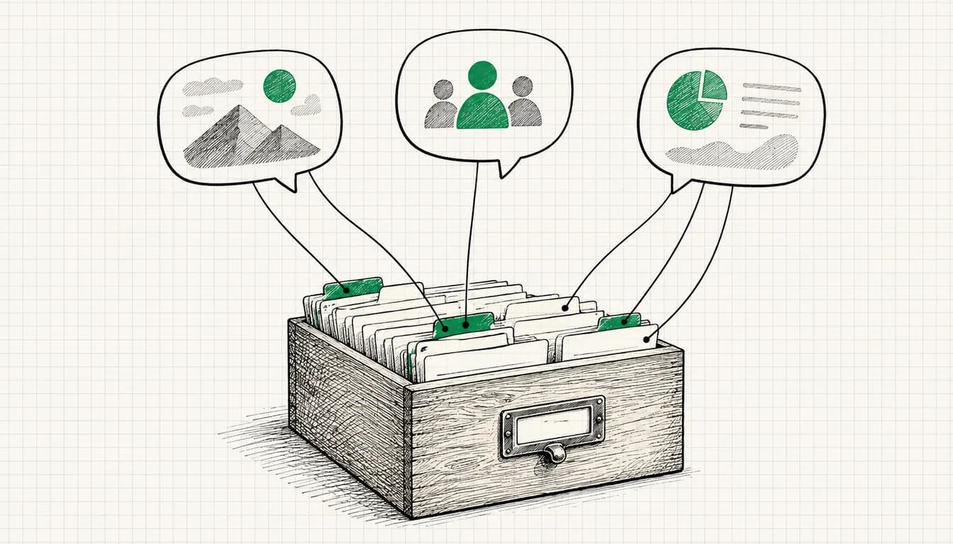 Ink sketch: Three speech bubbles above a card index box, thin lines run from each bubble to individual index cards, some cards are connected to several bubbles