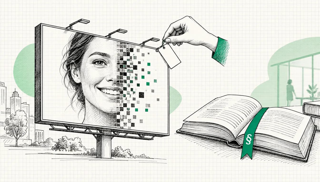 Tuschezeichnung: Werbeplakat mit einem lächelnden Porträt, dessen eine Gesichtshälfte in Pixel zerfällt, eine Hand klebt ein leeres Etikett an die Ecke, daneben ein aufgeschlagenes Gesetzbuch mit Paragrafen-Lesezeichen