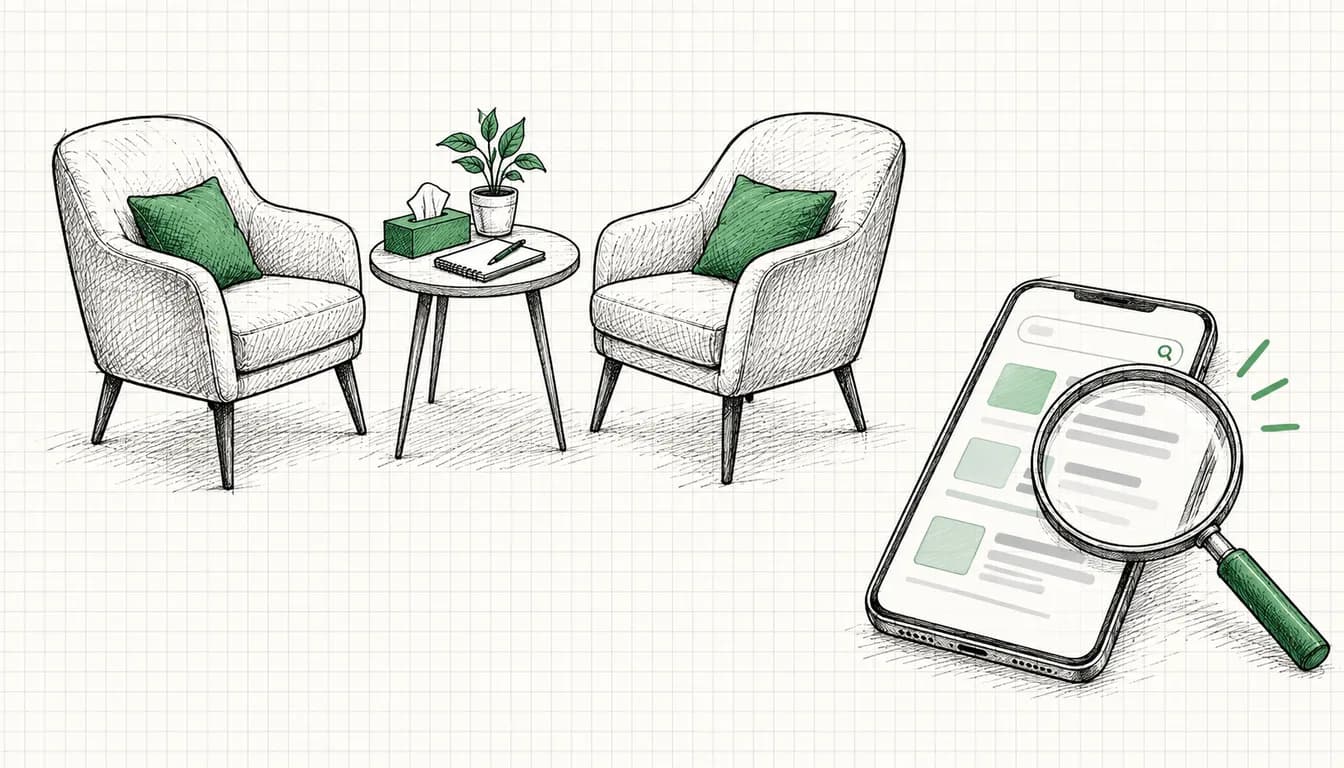 Tuschezeichnung: zwei Sessel, eine Taschentuchbox und ein Notizblock neben einem Smartphone mit Suchergebnissen unter der Lupe
