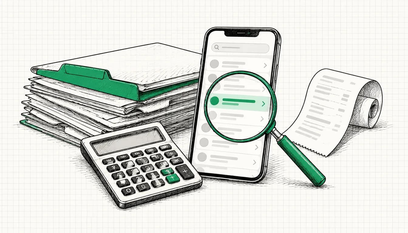 Tuschezeichnung: Ordnerstapel, Tischrechner und Belegrolle neben einem Smartphone mit Suchergebnissen unter der Lupe