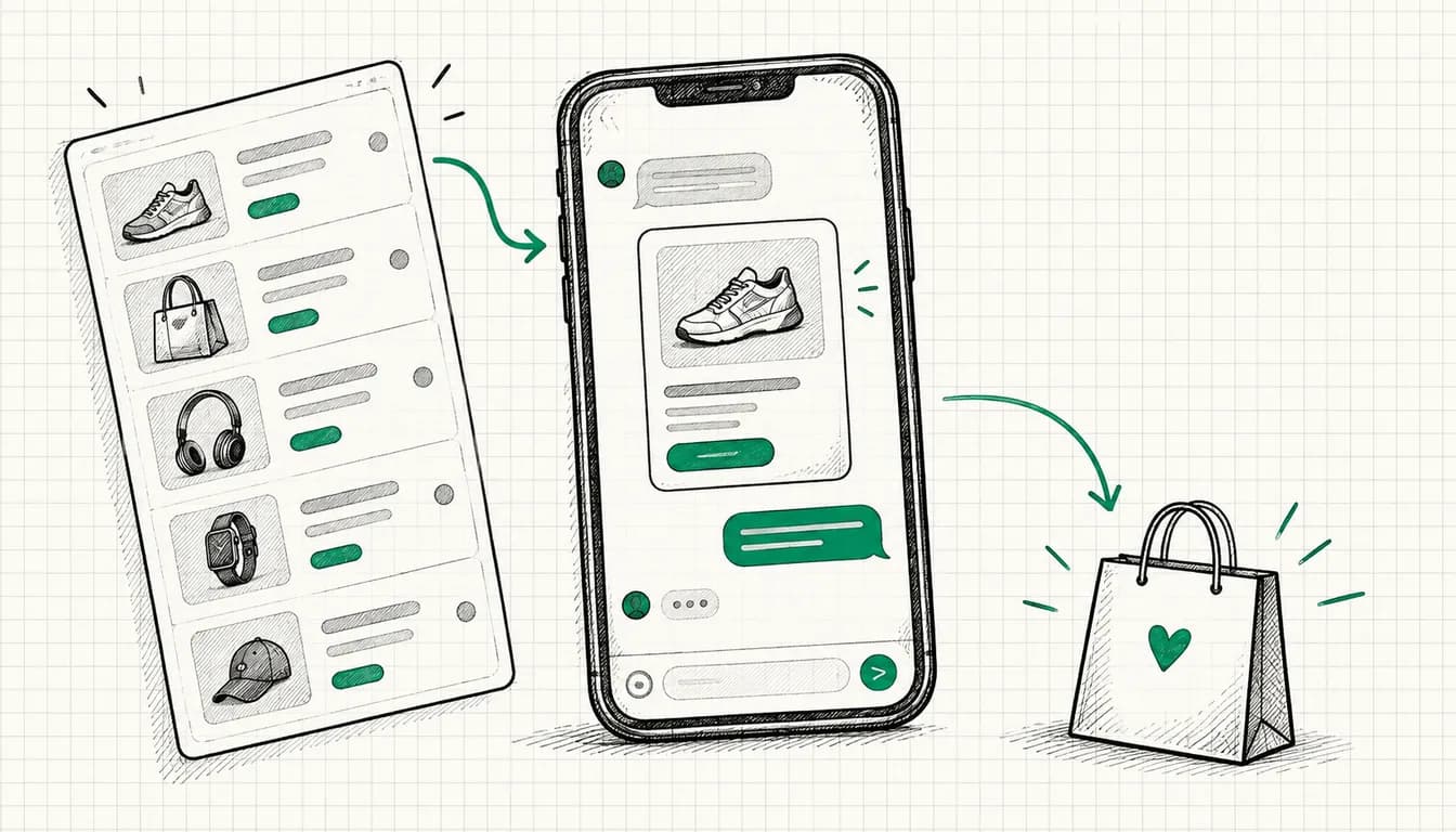 Tuschezeichnung: Ein Chat auf dem Smartphone empfiehlt eine Produktkarte, ein Produktfeed läuft seitlich in den Chat