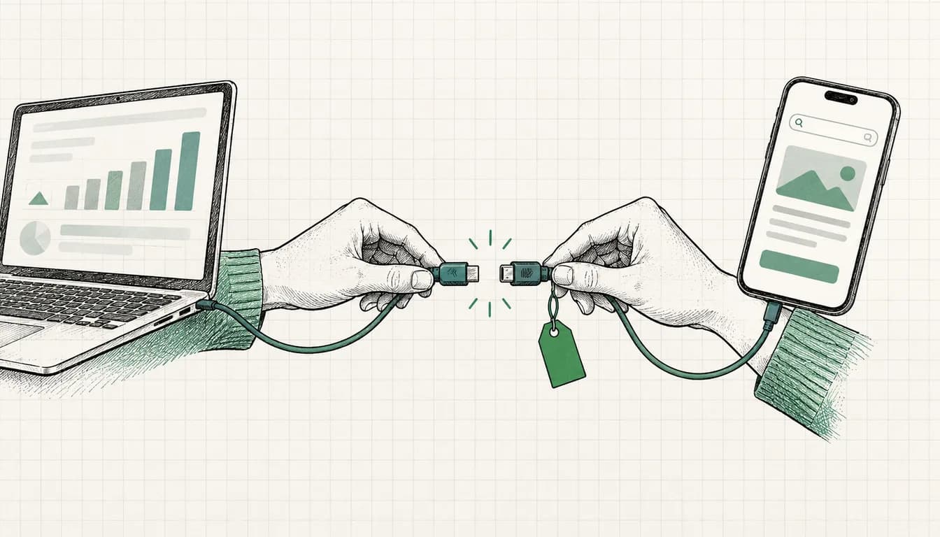 Tuschezeichnung: Zwei Hände stecken ein Kabel zusammen, das einen Laptop mit Balkendiagramm und ein Smartphone mit Suchanzeige verbindet, am Kabel hängt ein kleines Etikett