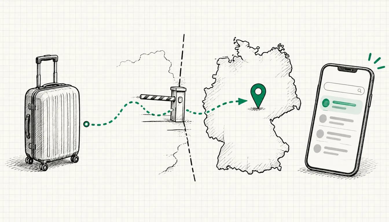 Tuschezeichnung: Koffer mit gepunktetem Reiseweg über eine Grenze in eine Deutschlandkarte, daneben ein Smartphone mit Suchergebnissen