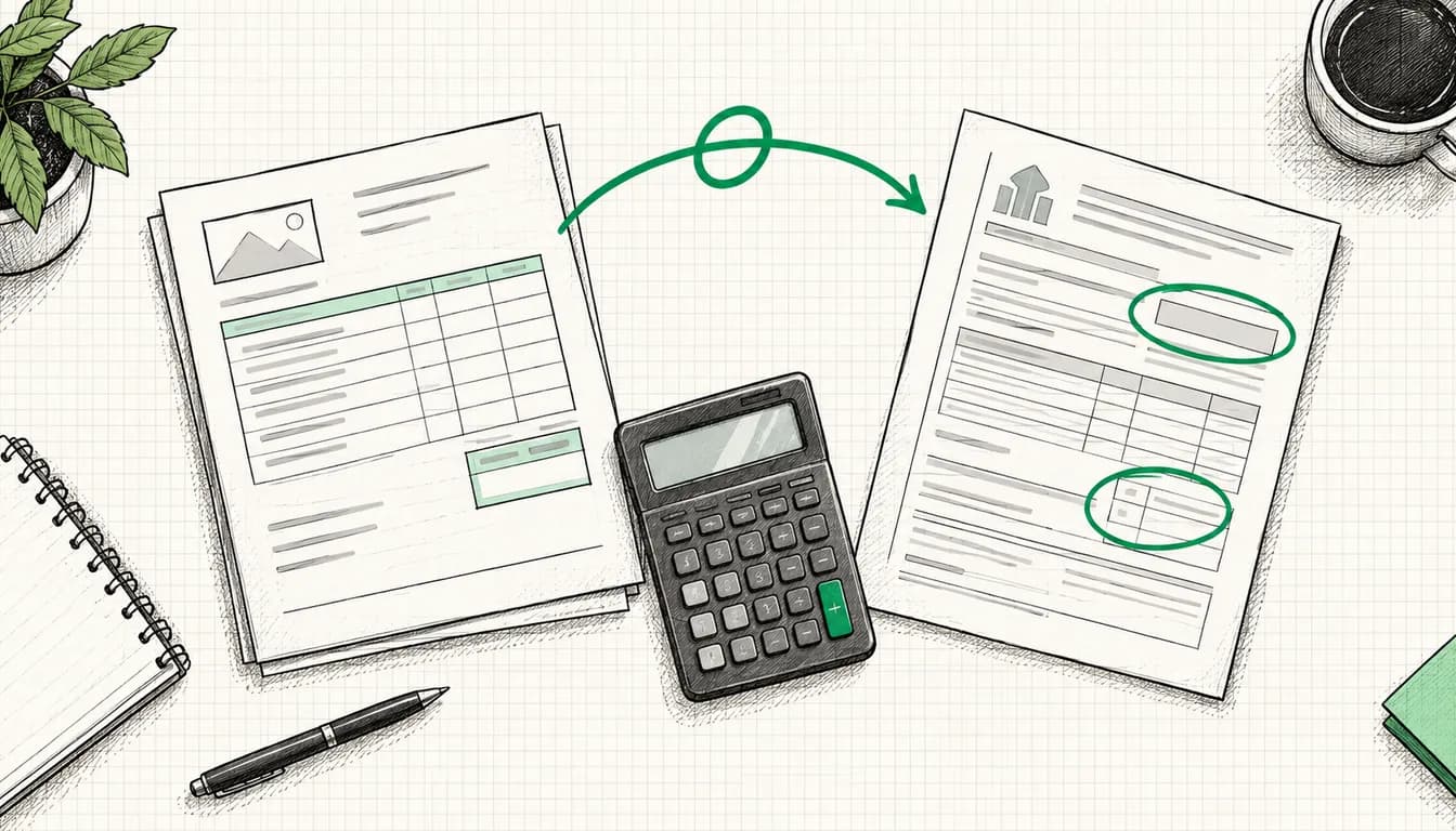 Tuschezeichnung: Rechnung, Tischrechner und Steuerformular mit zwei markierten Feldern