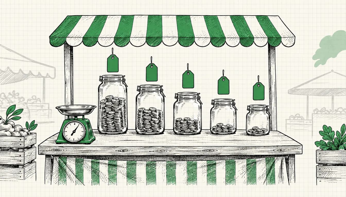 Tuschezeichnung: Marktstand mit Preisschildern über Gläsern, die unterschiedlich hoch mit kleinen Münzen gefüllt sind, davor eine Handwaage