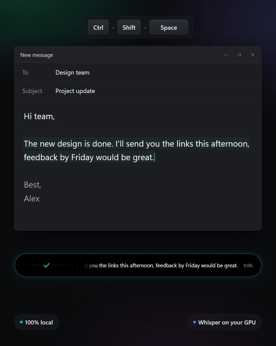 The NoType overlay while dictating, the recognised text is already in the email window