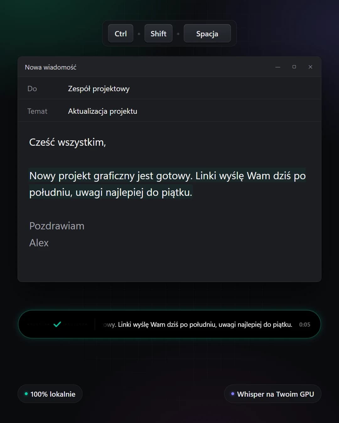 Overlay NoType podczas dyktowania, rozpoznany tekst jest już w oknie maila