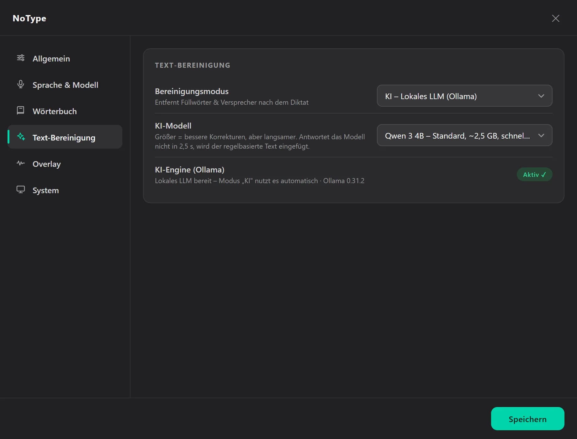 NoType-Einstellungen, Bereich Text-Bereinigung mit Modus und KI-Engine