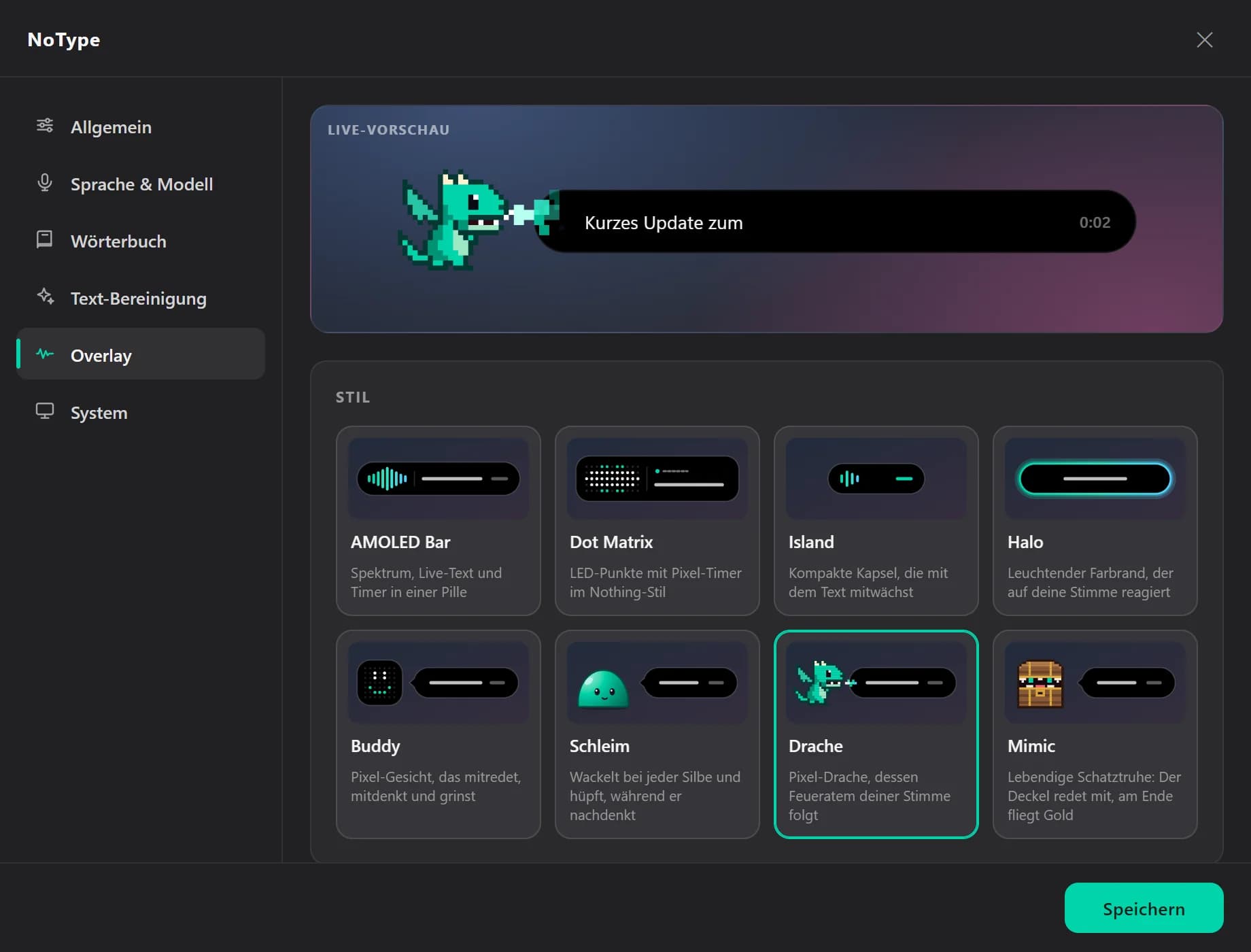 NoType-Einstellungen, Bereich Overlay: der Drache in der Live-Vorschau und die Auswahl aus acht Designs