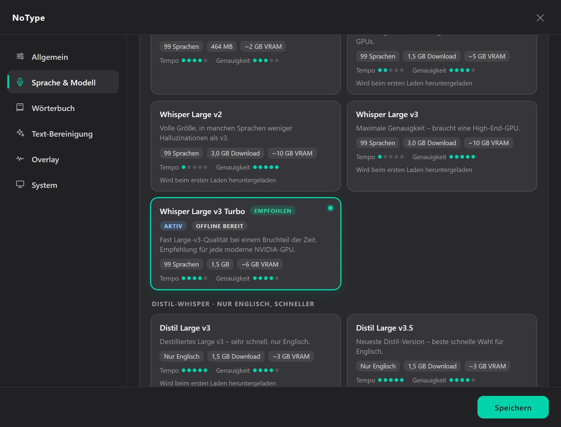 NoType-Einstellungen, Bereich Sprache und Modell mit Modellkarten und erkannter Grafikkarte