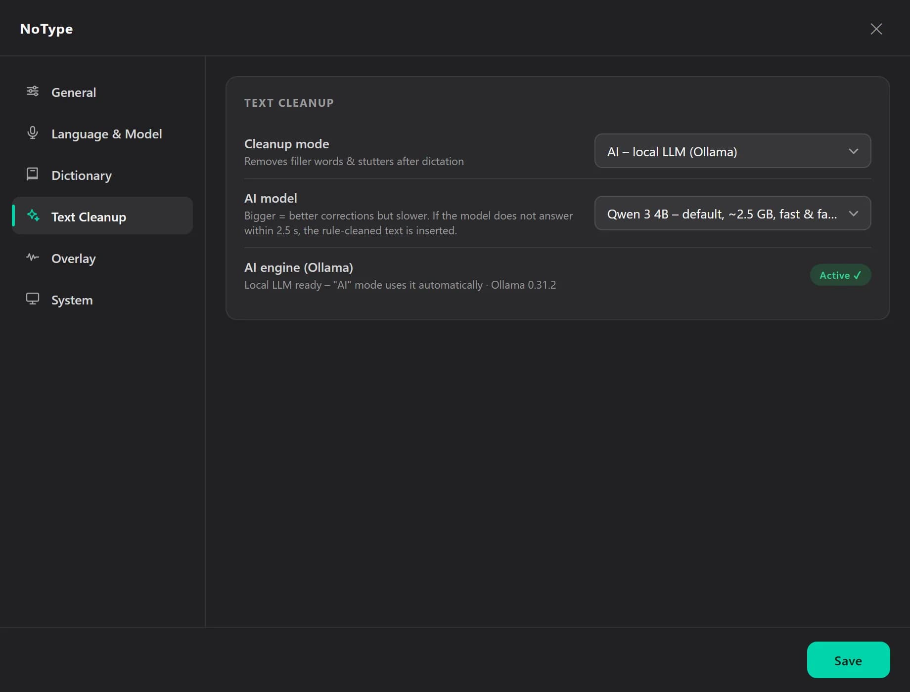 NoType settings, Text Cleanup section with mode and AI engine