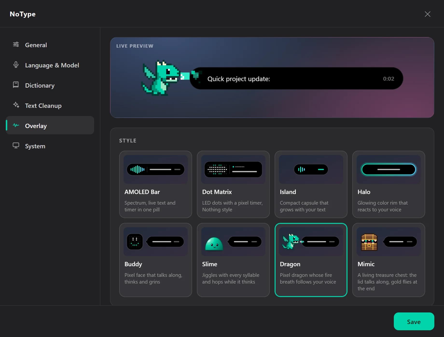 NoType settings, Overlay section: the Dragon in the live preview and a choice of eight designs