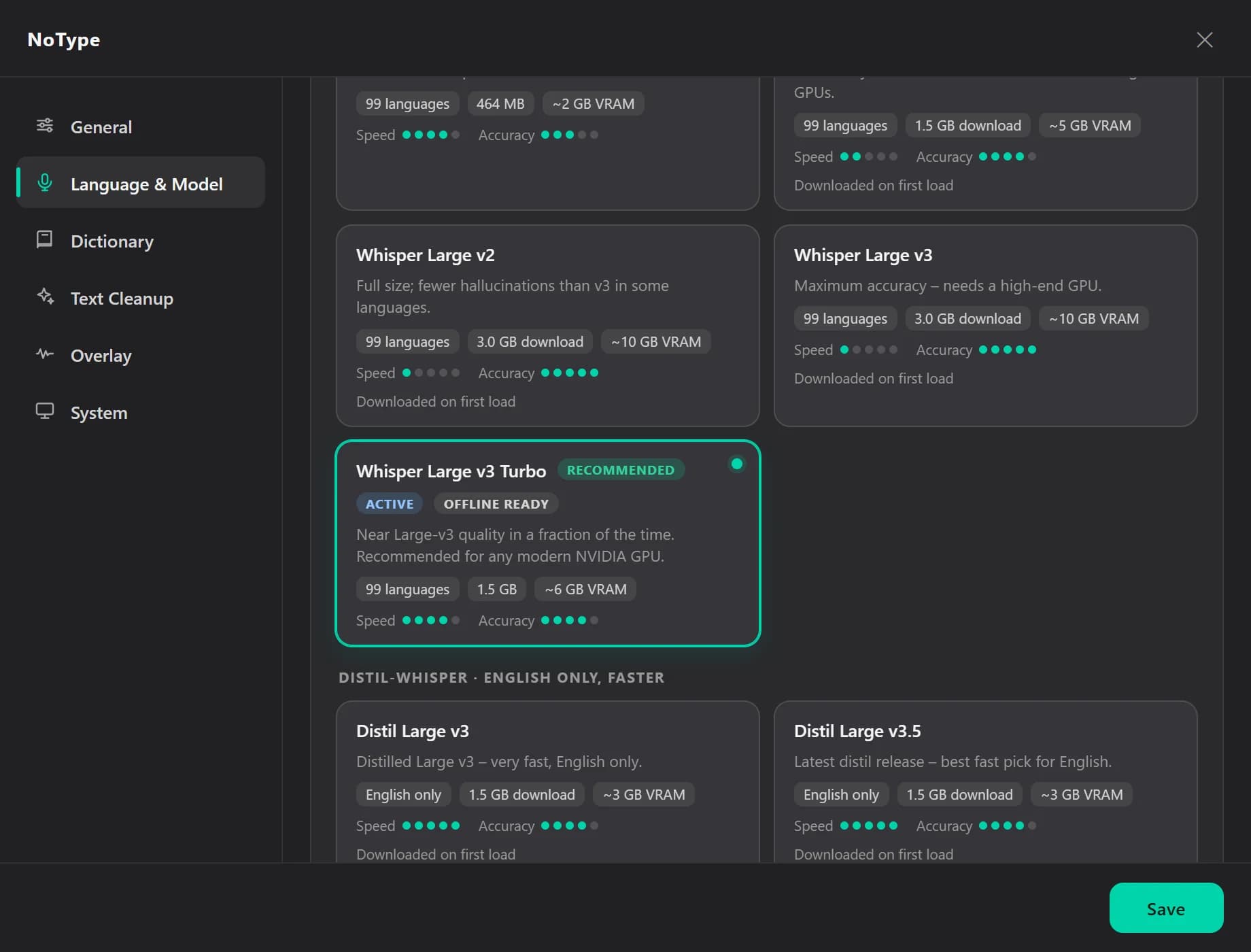 NoType settings, Language and Model section with model cards and the detected graphics card