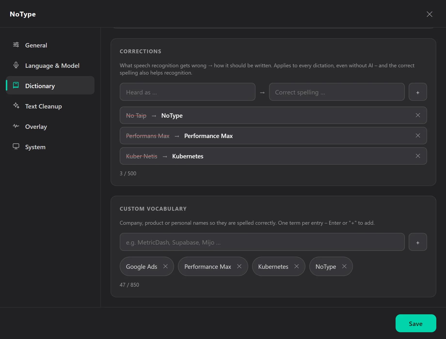 NoType settings, Dictionary section with learned corrections